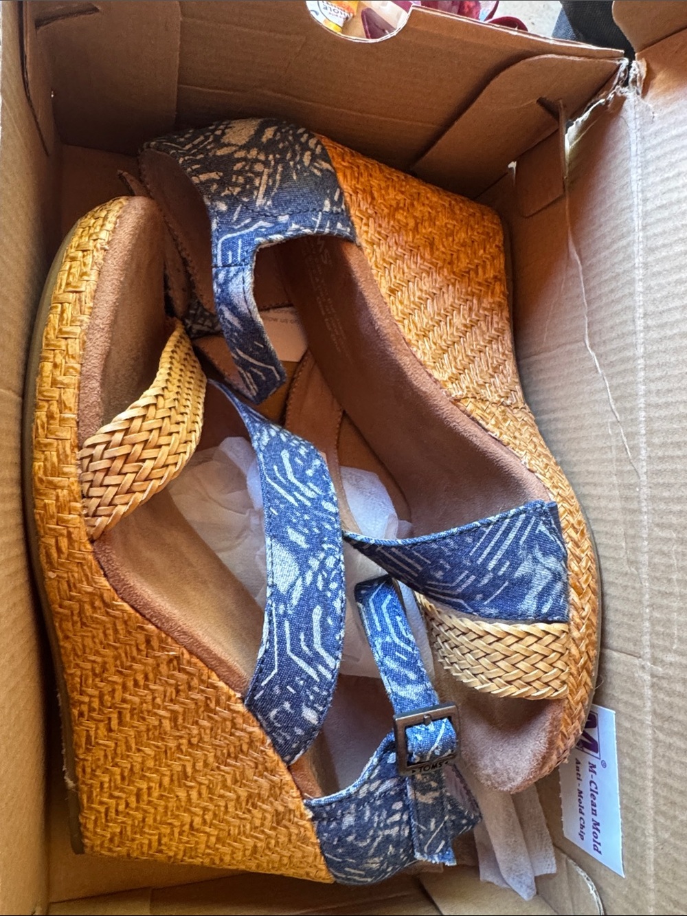 Toms Blue Patterned Wedge Sandals with Natural Woven Heel